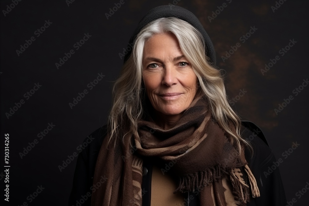 Portrait of a beautiful senior woman with scarf over dark background.
