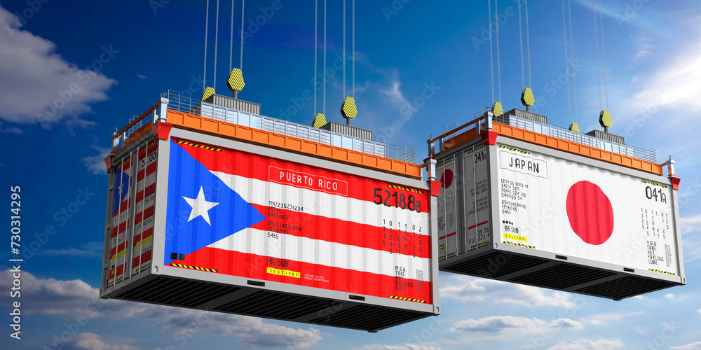 Shipping containers with flags of Puerto Rico and Japan - 3D illustration