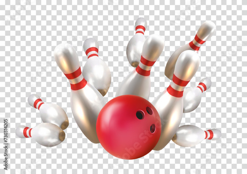 Realistic bawling ball with pins on transparent background
