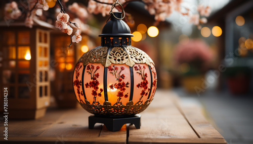Glowing lantern illuminates traditional winter celebration, symbolizing cultures and religion generated by AI