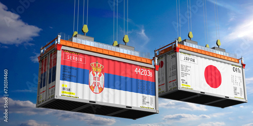 Shipping containers with flags of Serbia and Japan - 3D illustration