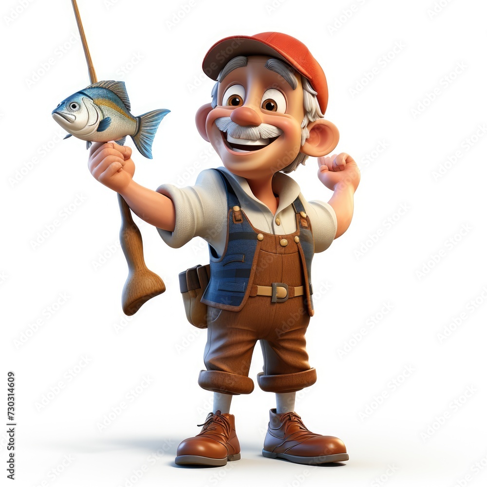 Naklejka premium Fisherman Cartoon in Three Dimensional Form on White Background