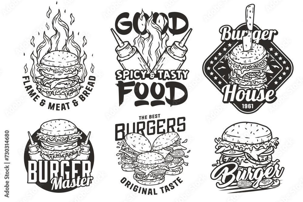 Hamburger set vector for logo of fast food. American food or burger collection for restaurant or cafe Hamburger set vector for logo of fast food. American food or burger collection for restaurant or cafe