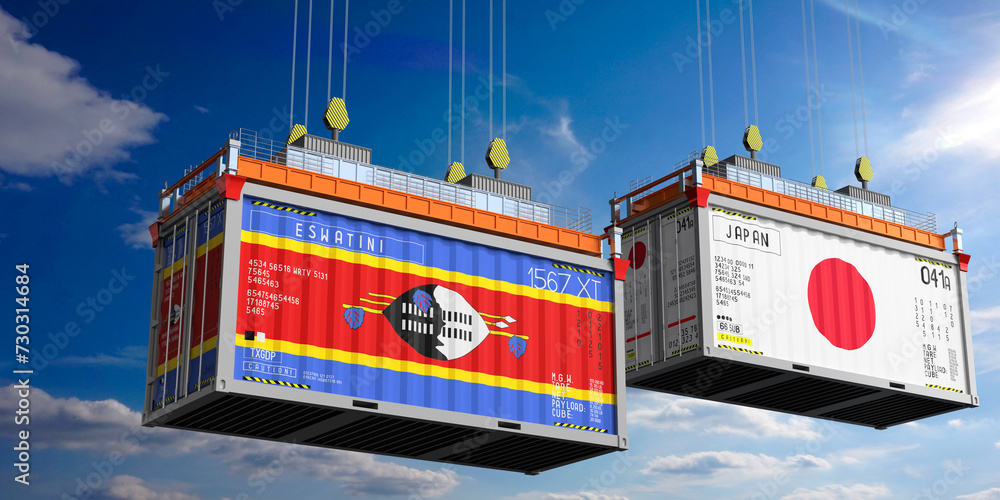 Shipping containers with flags of Eswatini and Japan - 3D illustration