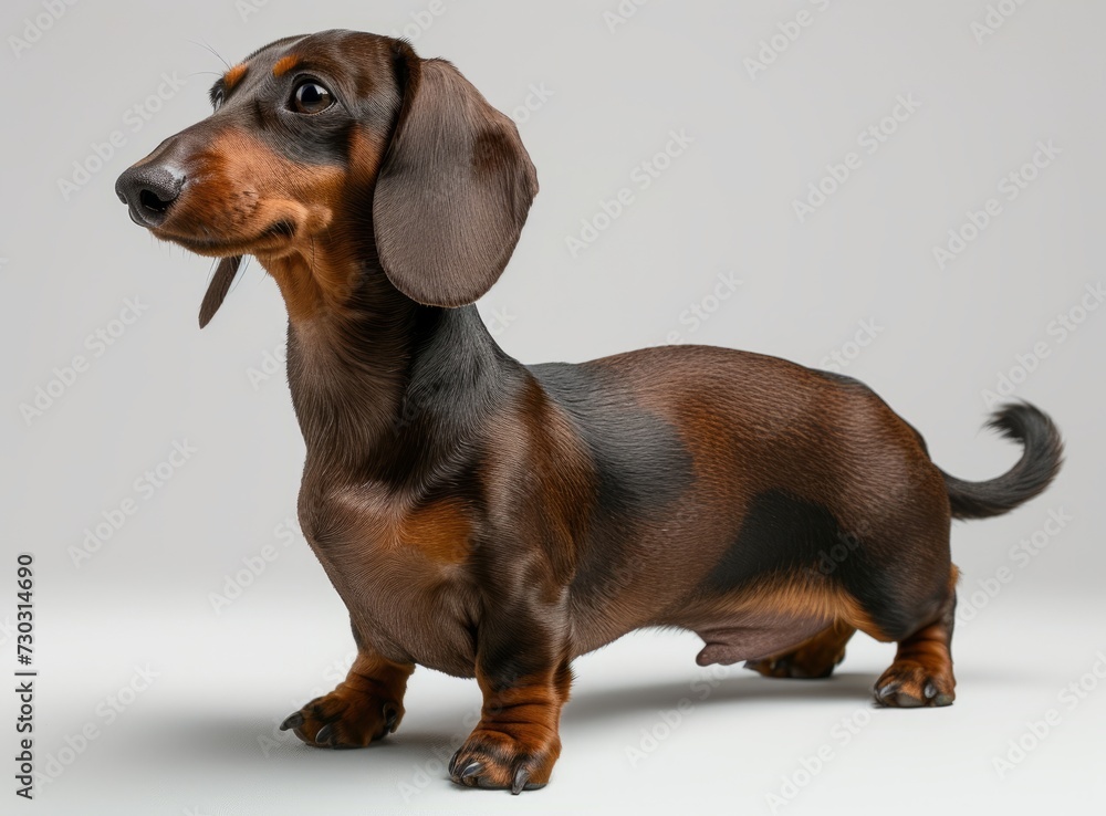 A Dachshund dog with a shiny black and tan coat, looking up, isolated on a white background.