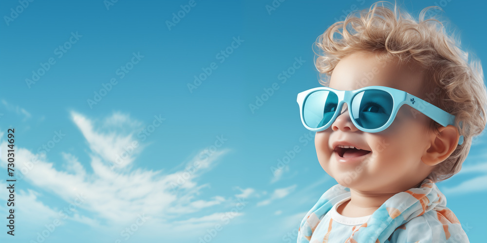 Banner with small cute boy in sun hat and sunglassess on the beach. Shallow depth of field.