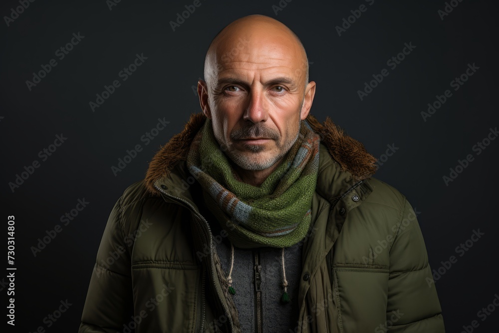 Portrait of a middle-aged bald man in a green jacket and scarf on a dark background. Portrait of a middle-aged bald man in a green jacket and scarf on a dark background.