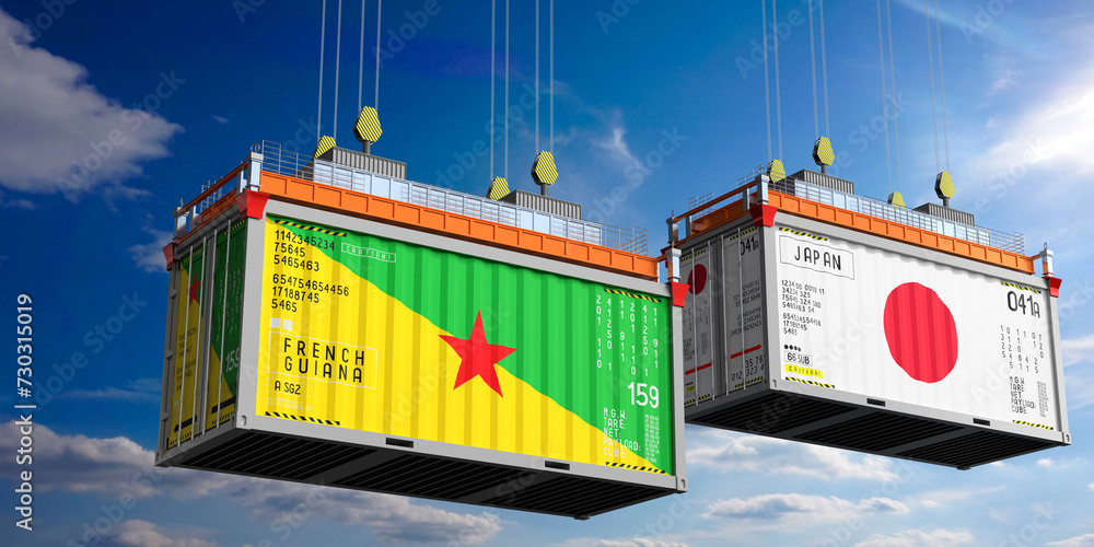 Shipping containers with flags of French Guiana and Japan - 3D illustration