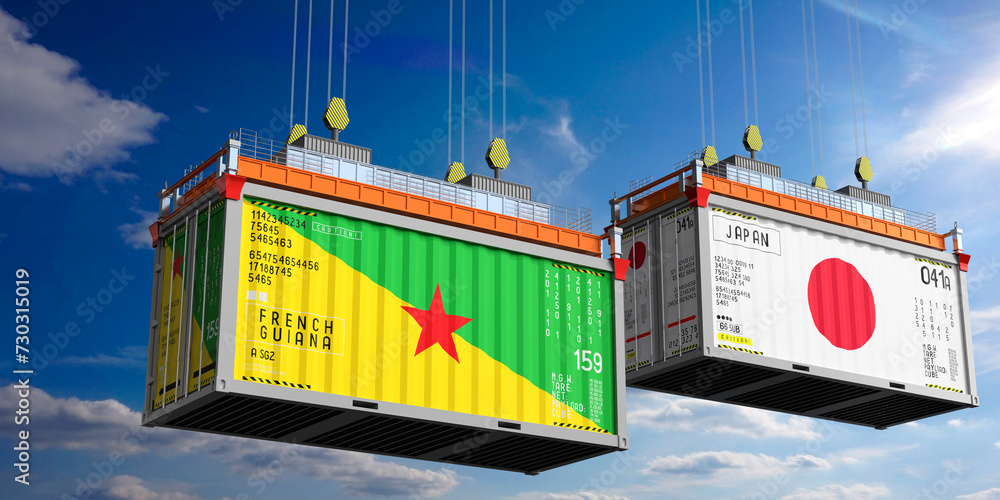 Shipping containers with flags of French Guiana and Japan - 3D illustration Shipping containers with flags of French Guiana and Japan - 3D illustration