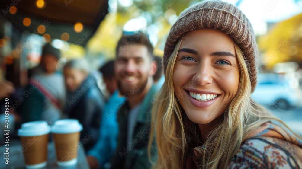 Trendy city dwellers enjoy coffee outdoors, flashing captivating smiles for the lens Trendy city dwellers enjoy coffee outdoors, flashing captivating smiles for the lens