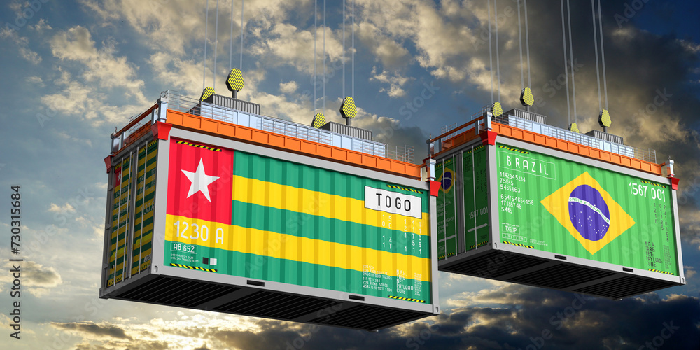 Shipping containers with flags of Togo and Brazil - 3D illustration