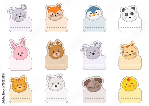 Name tags for kids. Name cards, notepads, labels, stickers for kids. Kids clothes stickers, lunchbox tag with cute animals. Animals shaped notepads, classroom labels, markers, school stationery.