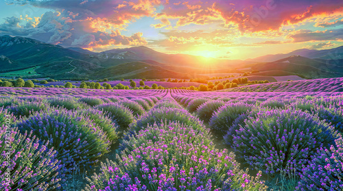 Sunset on a lavender field with the mountains on the background. Beautiful landscape for covers, backgrounds, wallpapers and other projects. 