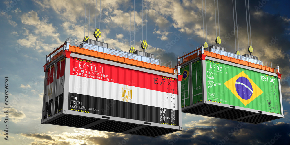 Shipping containers with flags of Egypt and Brazil - 3D illustration
