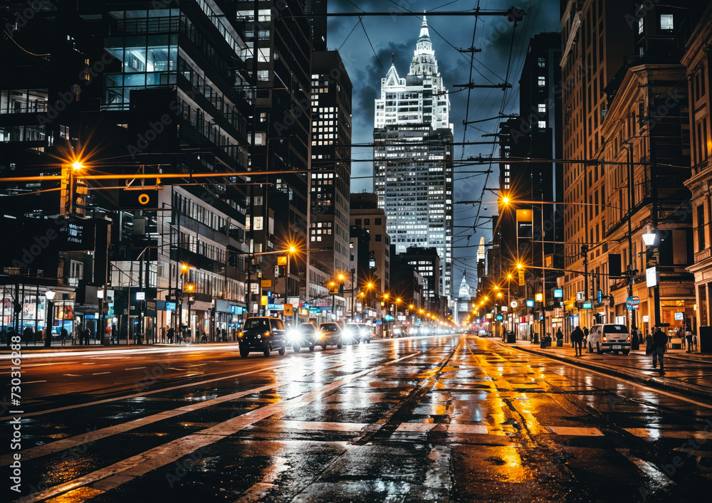 Manhattan, New York City, USA. Traffic on the street at night.