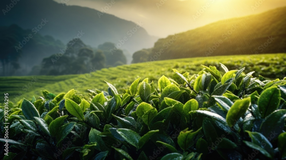 Fresh green tea leaves in morning with dew against a backdrop of a misty, sunlit tea plantation