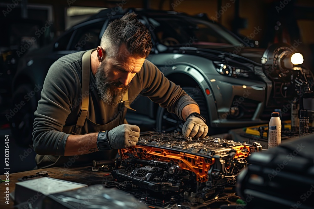 Professional car mechanic working in auto repair service. Automobile mechanic detailed inspection of a vehicle. Auto service center theme. Professional car mechanic working in auto repair service. Automobile mechanic detailed inspection of a vehicle. Auto service center theme.
