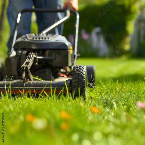 A person mowing a lush green lawn with a push mower, capturing the essence of garden maintenance.
