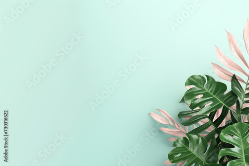 Tropical leaves on pastel background with copy space