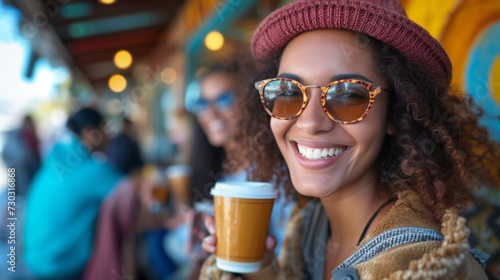 Chic coffee aficionados sip in style, capturing the moment with beaming smiles
