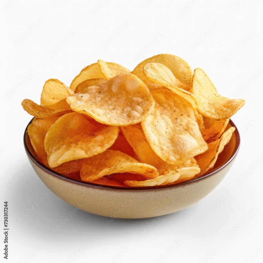Potato Chips Organic Crinkle Ready to Eat Snack. Realistic potato chips in bowl isolated on white background, icon, detailed. Grocery product package, menu, advert Potato Chips Organic Crinkle Ready to Eat Snack. Realistic potato chips in bowl isolated on white background, icon, detailed. Grocery product package, menu, advert