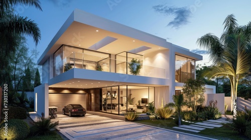 Modern white house with large windows, garage, and lush green trees.