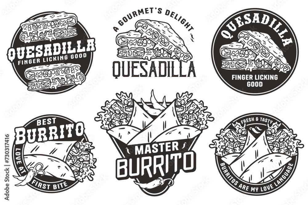 Fototapeta premium Monochrome Mexican quesadilla and burrito set vector with cheese and vegetable for logo or emblem. Latin traditional mexican fast food. Mexico food with tortilla and meat for poster or print