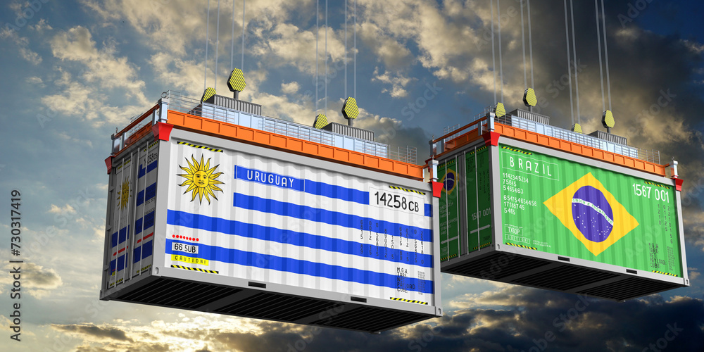 Shipping containers with flags of Uruguay and Brazil - 3D illustration