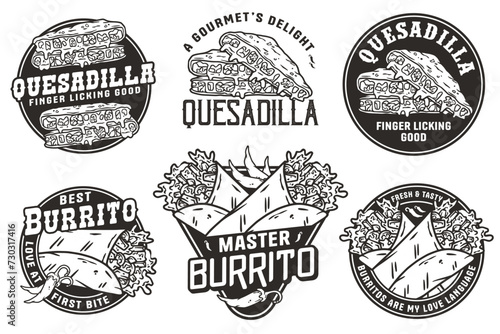 Monochrome Mexican quesadilla and burrito set vector with cheese and vegetable for logo or emblem. Latin traditional mexican fast food. Mexico food with tortilla and meat for poster or print