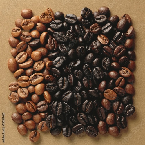 Coffee beans in various shades and sizes form a harmonious composition