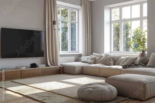 Interior of living room with comfortable sofa and TV against windows in contemporary apartment. © Azar