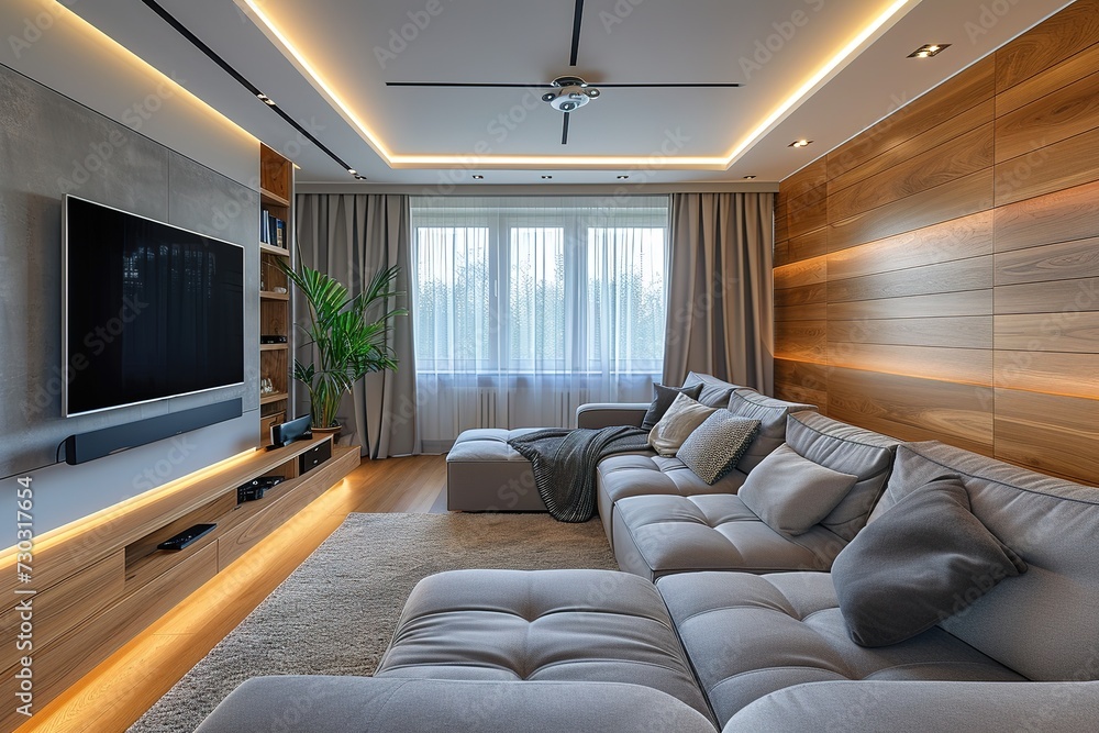 Interior of living room with comfortable sofa and TV against windows in contemporary apartment.