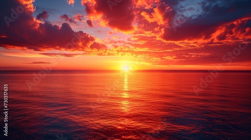 The horizon transforms into a fiery canvas as the sun dips below the water. © olegganko