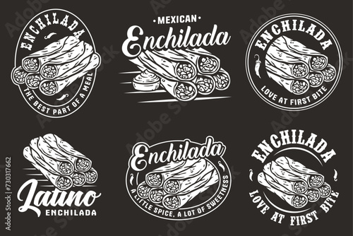 Monochrome Mexican enchilada set vector with meat and rolled tortilla for logo or emblem. Latin traditional enchiladas collection for restaurant or cafe of Mexico fast food