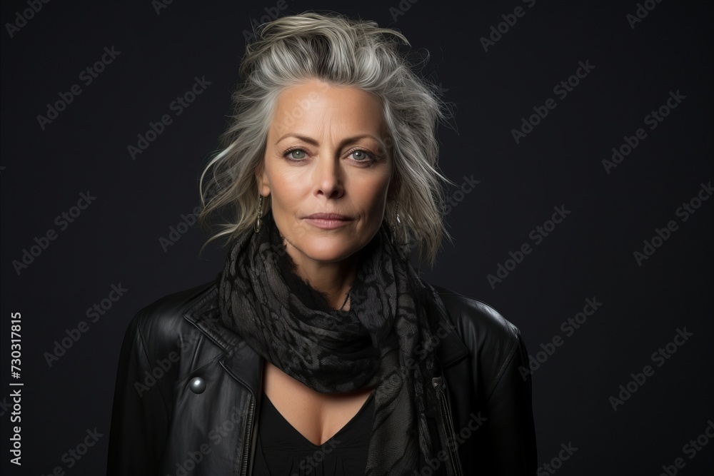 Portrait of a beautiful middle-aged woman wearing a black leather jacket and scarf. Portrait of a beautiful middle-aged woman wearing a black leather jacket and scarf.