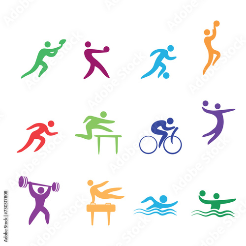 Colored icons silhouettes of athletes in various sports with the ball and equipment, vector image 