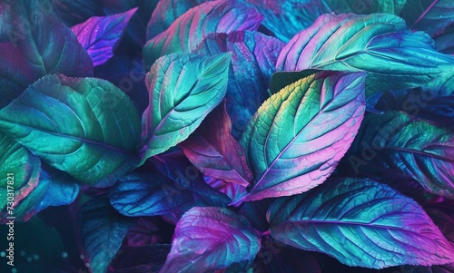 Colorful leaves background  neon blue and pink abstract leaves