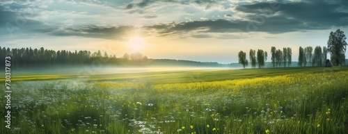 Green field with sunlight, nature landscape