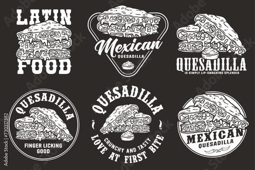 Monochrome Mexican quesadilla set vector with cheese and vegetable for logo or emblem. Latin traditional mexican fast food. Quesadillas Mexico food with tortilla and meat for poster or print
