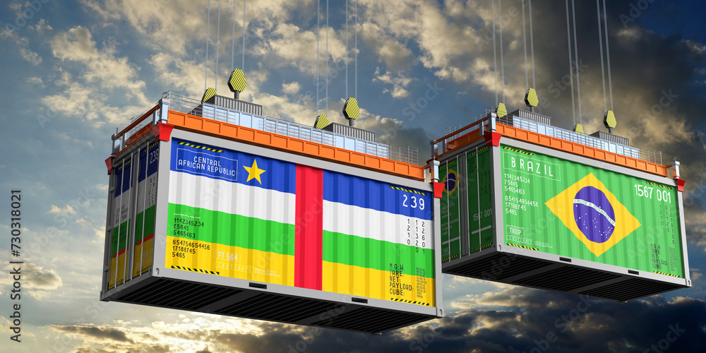 Shipping containers with flags of Central African Republic and Brazil - 3D illustration