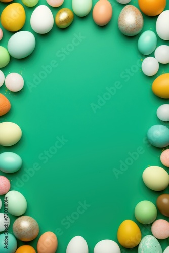 Green background with colorful easter eggs round frame texture 
