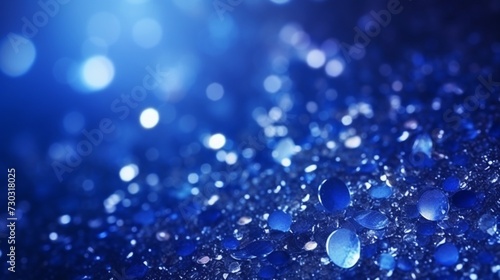 A closeup of blue glittering on the surface, creating an enchantment atmosphere. The background is dark and blurry, with blurred lights in shades of white and gold