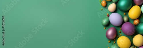 Green background with colorful easter eggs round frame texture 