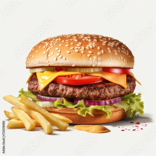 Burger Classic close up tasty 3D, cutout minimal isolated on white background. Ultra realistic burger, icon, detailed. Grocery product advertising.