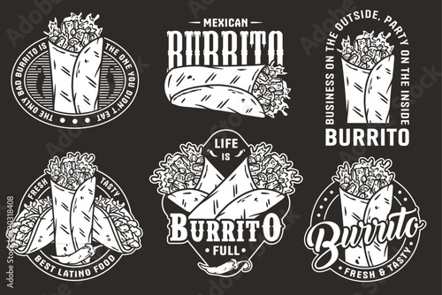 Monochrome Burrito set mexican food vector with meat and vegetable for logo or emblem. Traditional burritos latin fast food collection