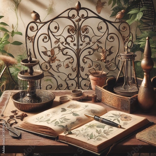 Vintage wrought-iron furniture, a notebook with botanical sketches, and the sound of water from a small fountain, high quality, hd, 4k, still life with books and candle