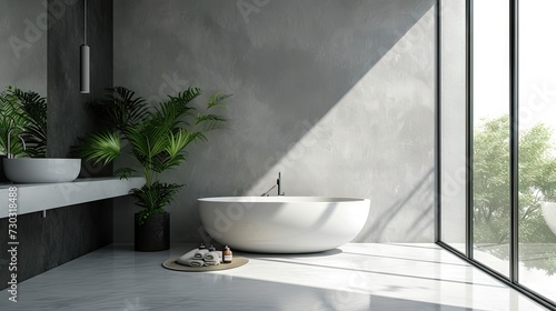 Luxurious minimalistic bathroom bathed in natural light from a window.