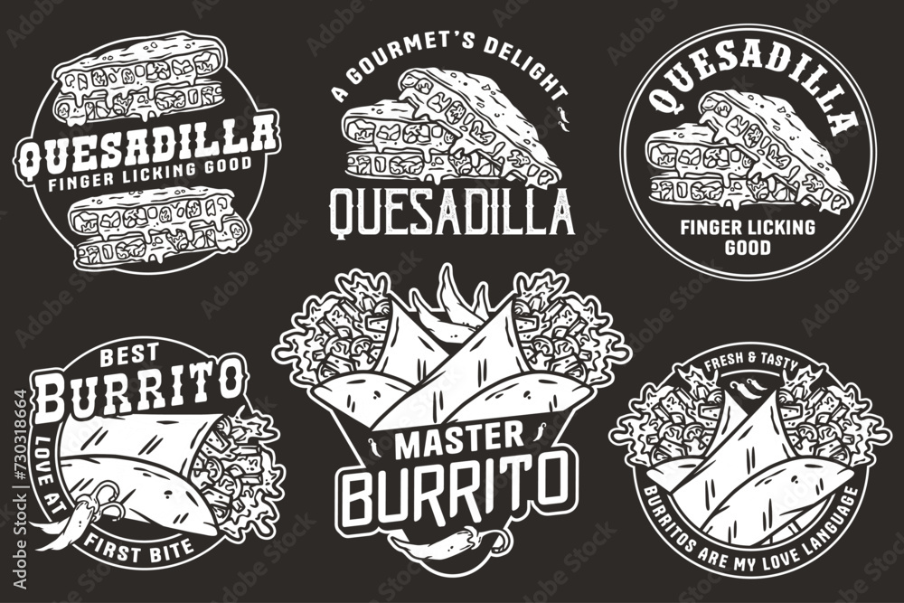 Monochrome Mexican quesadilla and burrito set vector with cheese and vegetable for logo or emblem. Latin traditional mexican fast food. Mexico food with tortilla and meat for poster or print Monochrome Mexican quesadilla and burrito set vector with cheese and vegetable for logo or emblem. Latin traditional mexican fast food. Mexico food with tortilla and meat for poster or print