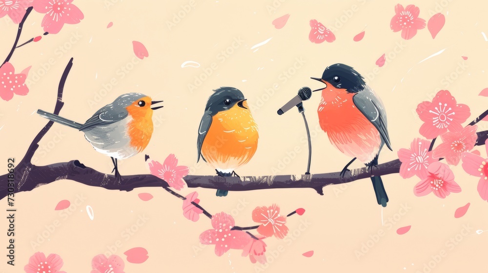 cute birds i with microphone on the tree singing songs.,spring concept