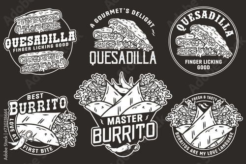 Monochrome Mexican quesadilla and burrito set vector with cheese and vegetable for logo or emblem. Latin traditional mexican fast food. Mexico food with tortilla and meat for poster or print